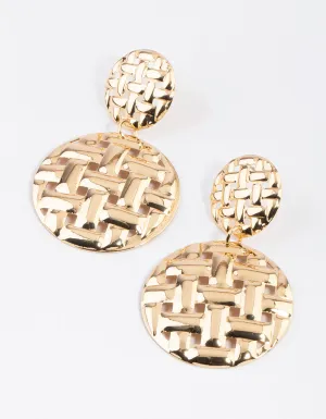 Gold Woven Double Disc Drop Earrings