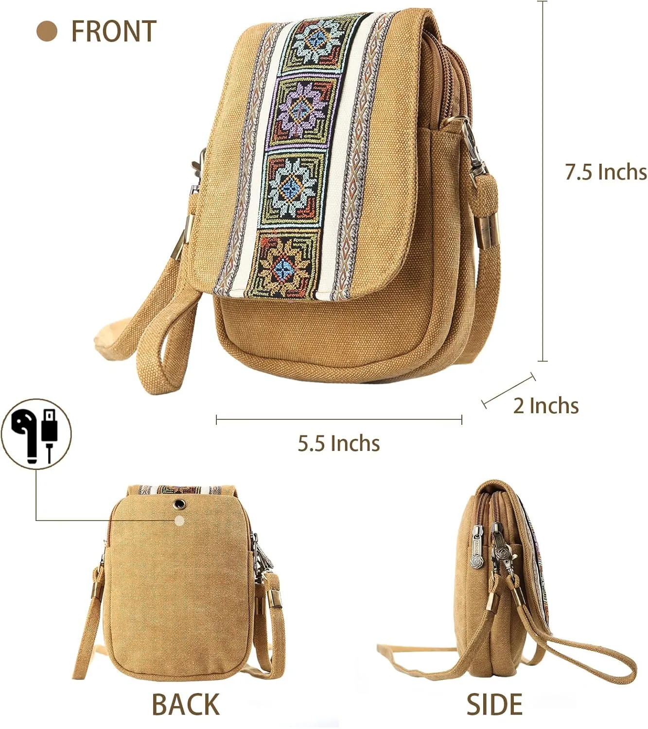 Goodhan Embroidery Canvas Crossbody Bag Cell phone Pouch Coin Purse for Women