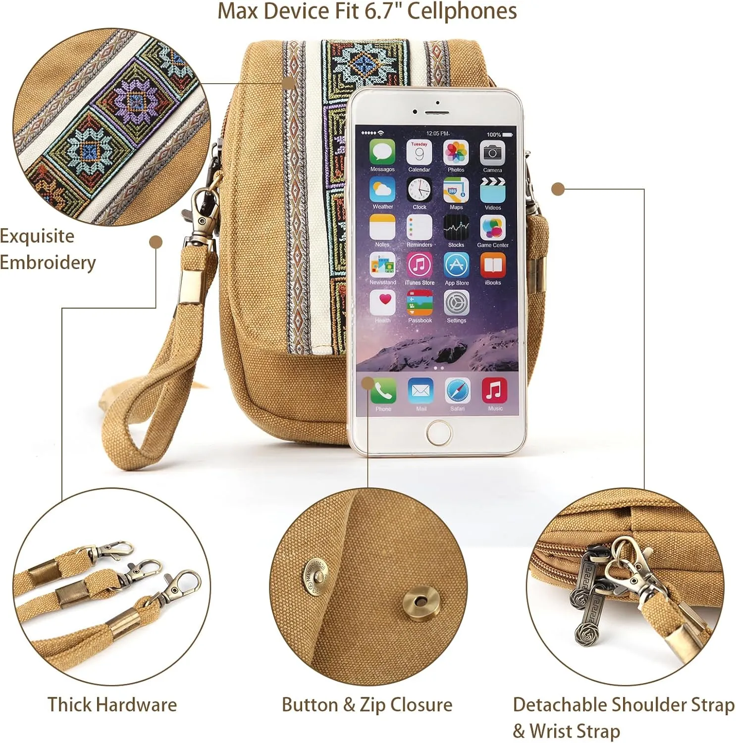 Goodhan Embroidery Canvas Crossbody Bag Cell phone Pouch Coin Purse for Women