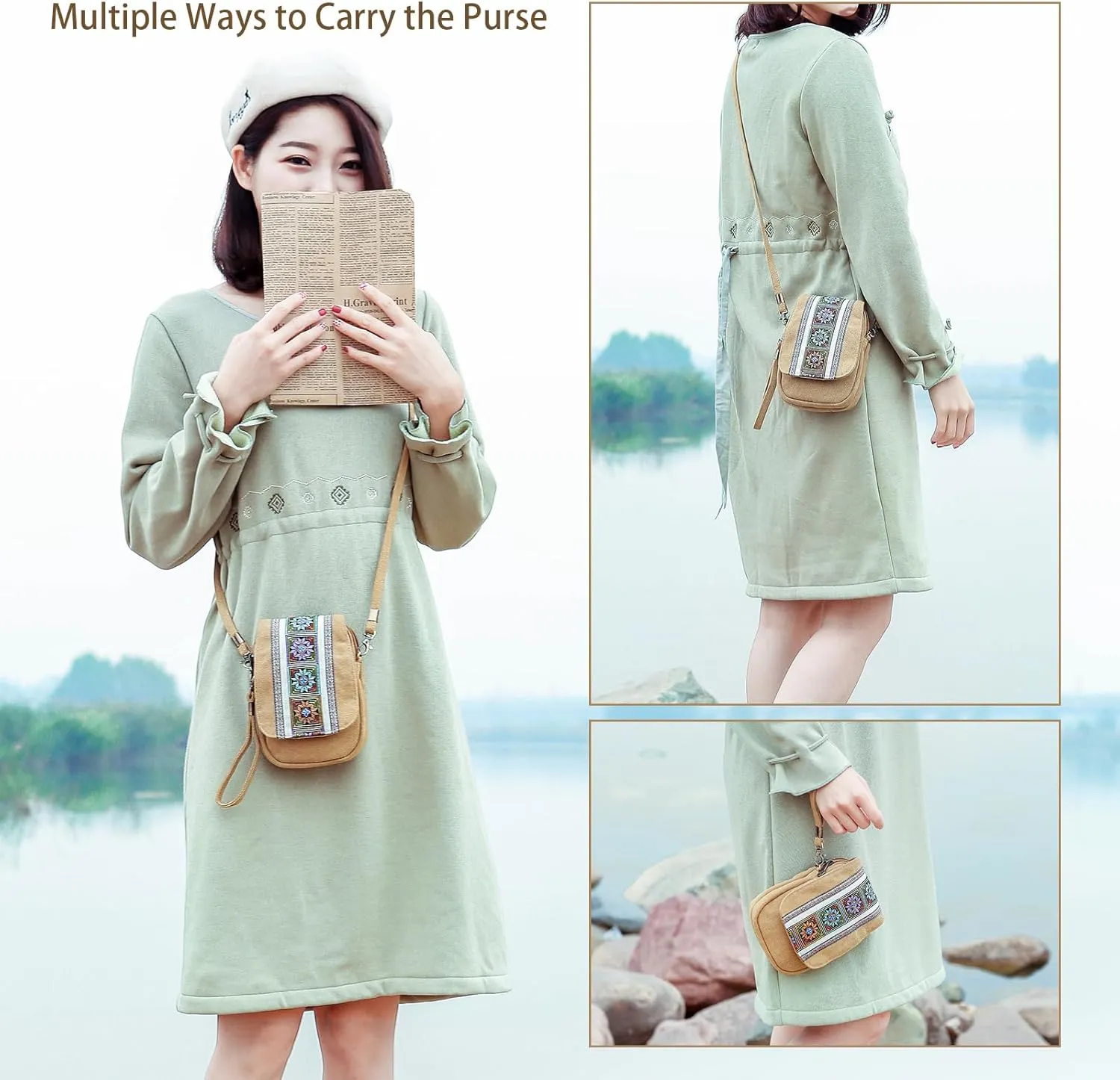 Goodhan Embroidery Canvas Crossbody Bag Cell phone Pouch Coin Purse for Women