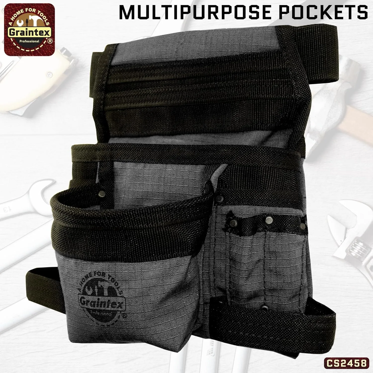 Graintex 10 Pocket Finisher Canvas Tool Pouch | Black | 2' Webbing Belt | Multipurpose Durable Canvas Tool Bag with Balt | Electrician Tools, Plumbers Carpenters, Garden Belt, DIY, Drywallers