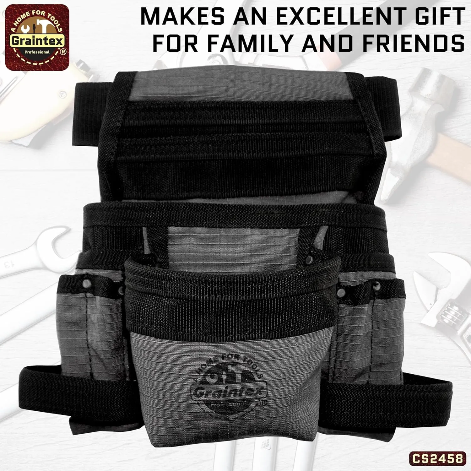 Graintex 10 Pocket Finisher Canvas Tool Pouch | Black | 2' Webbing Belt | Multipurpose Durable Canvas Tool Bag with Balt | Electrician Tools, Plumbers Carpenters, Garden Belt, DIY, Drywallers