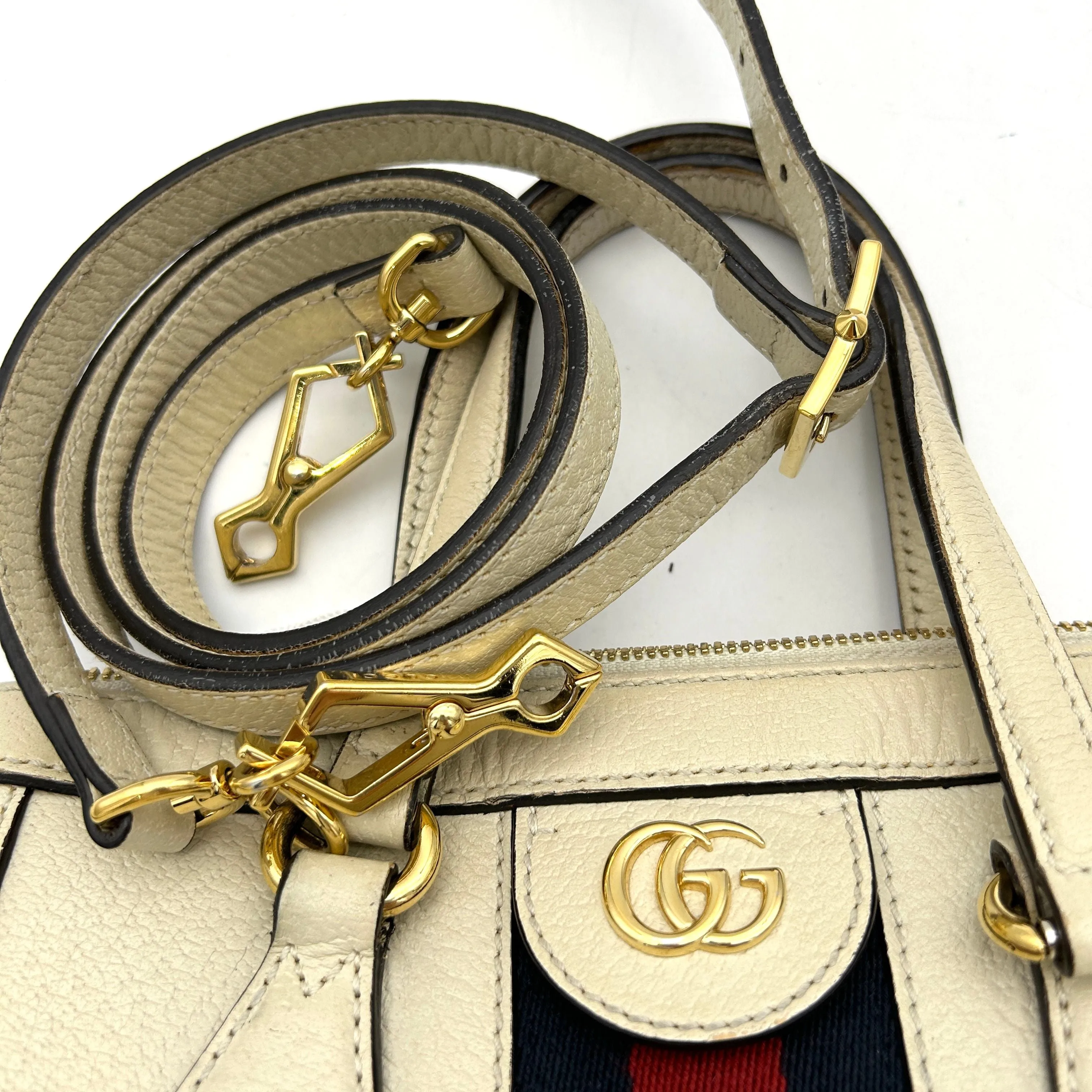 GUCCI Textured Calfskin Web Small Ophidia Tote Bag Mystic White LA30117