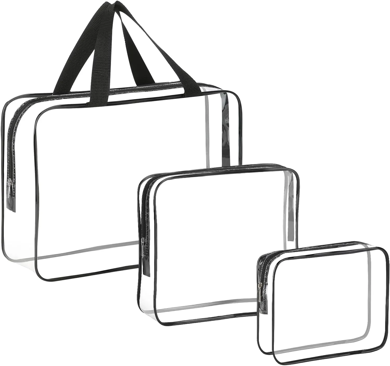 HAOGUAGUA 3 Pieces Large Clear Travel Bags for Toiletries, Waterproof Clear Plastic Cosmetic Makeup Bags, Transparent Packing Organizer Storage Bags (Black)