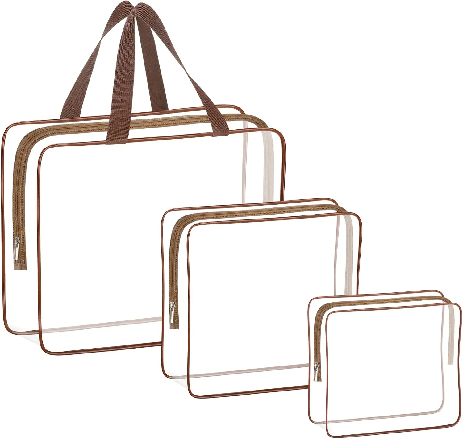 HAOGUAGUA 3 Pieces Large Clear Travel Bags for Toiletries, Waterproof Clear Plastic Cosmetic Makeup Bags, Transparent Packing Organizer Storage Bags (Coffee)