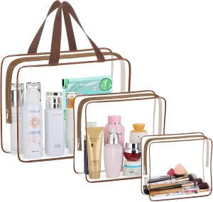 HAOGUAGUA 3 Pieces Large Clear Travel Bags for Toiletries, Waterproof Clear Plastic Cosmetic Makeup Bags, Transparent Packing Organizer Storage Bags (Coffee)