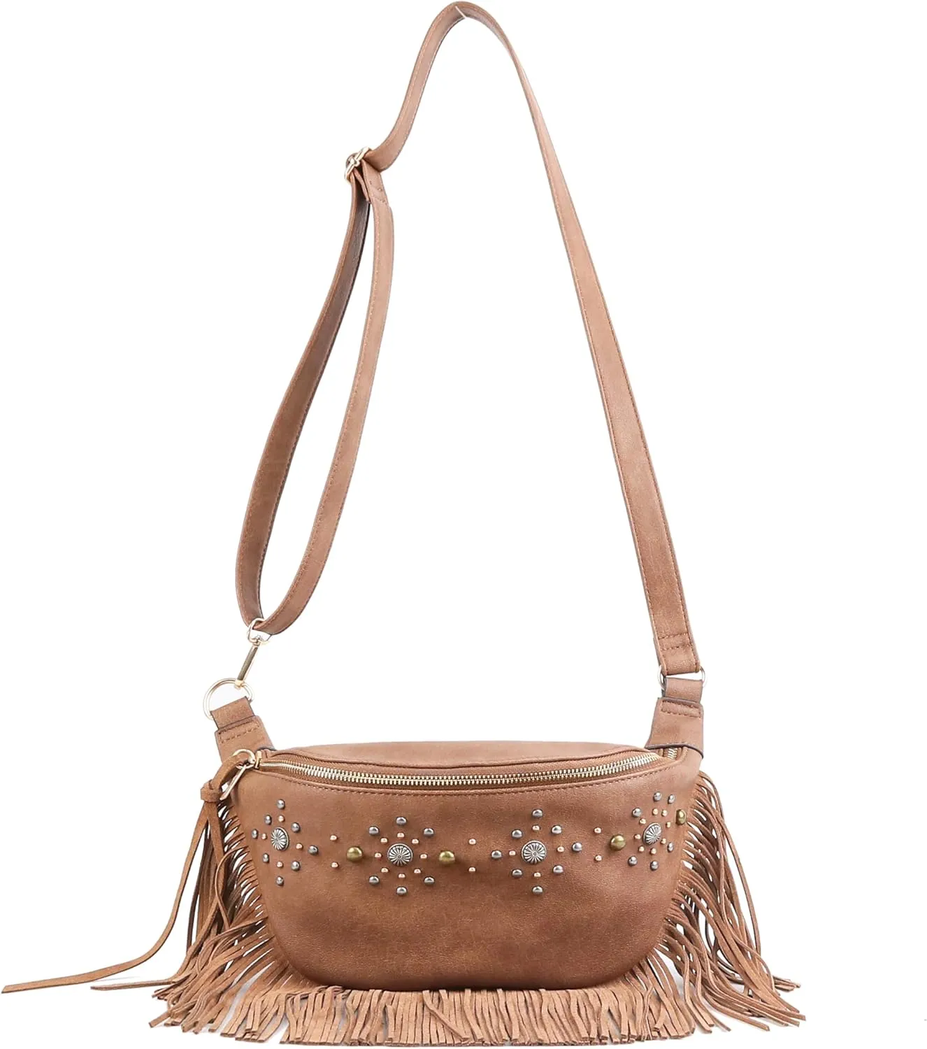 Jessica Simpson Calypso Belt Bag, Stylish Crossbody Purse with Adjustable Strap & Pockets, Almond Brown W/Suede Fringe