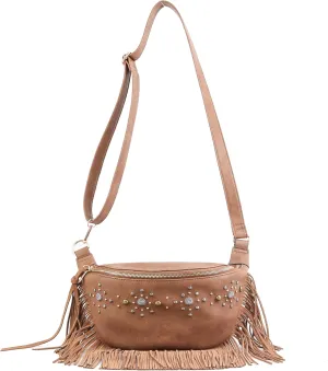 Jessica Simpson Calypso Belt Bag, Stylish Crossbody Purse with Adjustable Strap & Pockets, Almond Brown W/Suede Fringe