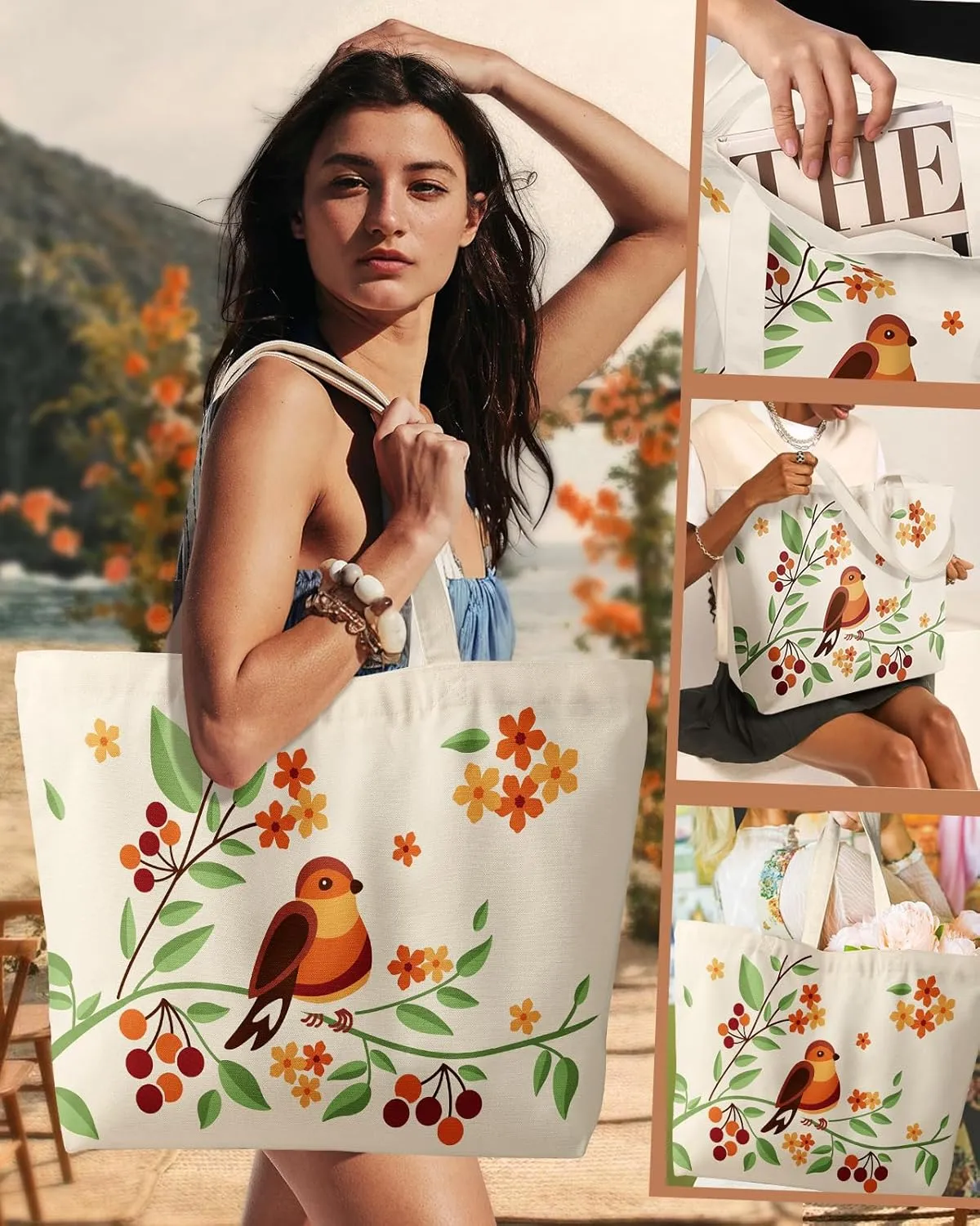 Large Tote Bag for Women - Aesthetic Cute Big Canvas Bags with Zipper Cotton Shoulder Bag for Gym, Travel, Work