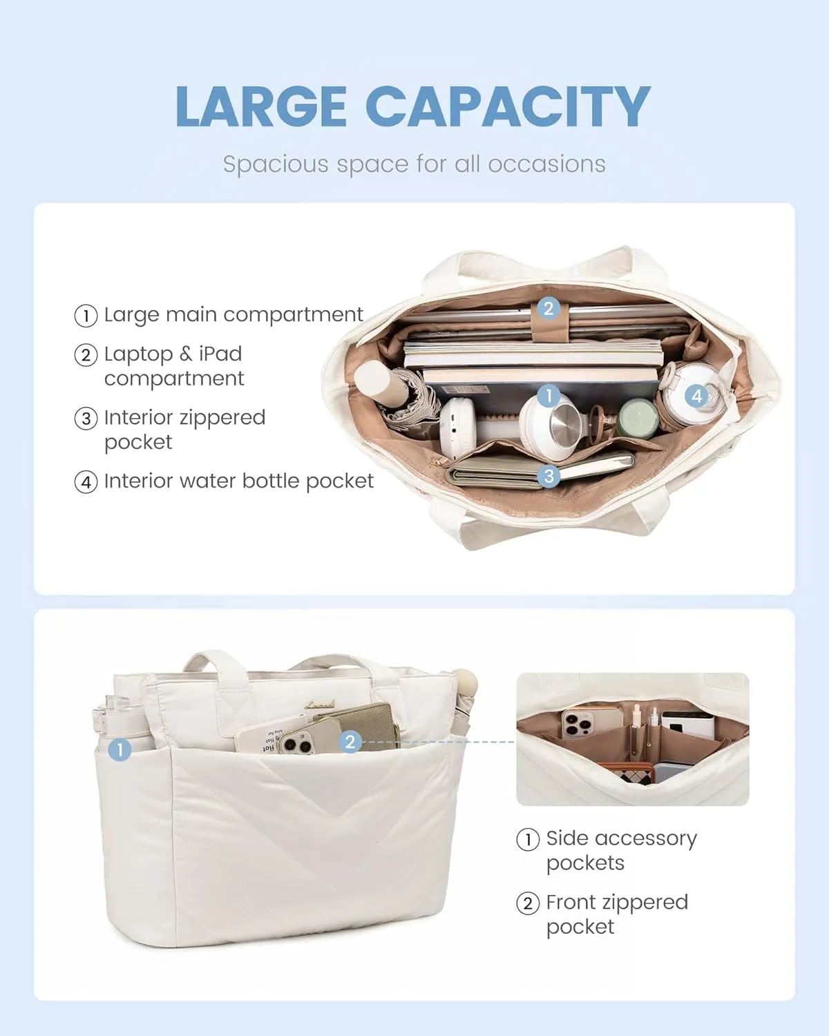 LOVEVOOK Tote Travel Bag for Women, Puffer Work Handbag with Zipper for Teacher Nurse, Quilted Laptop Shoulder Gym Bag Cute
