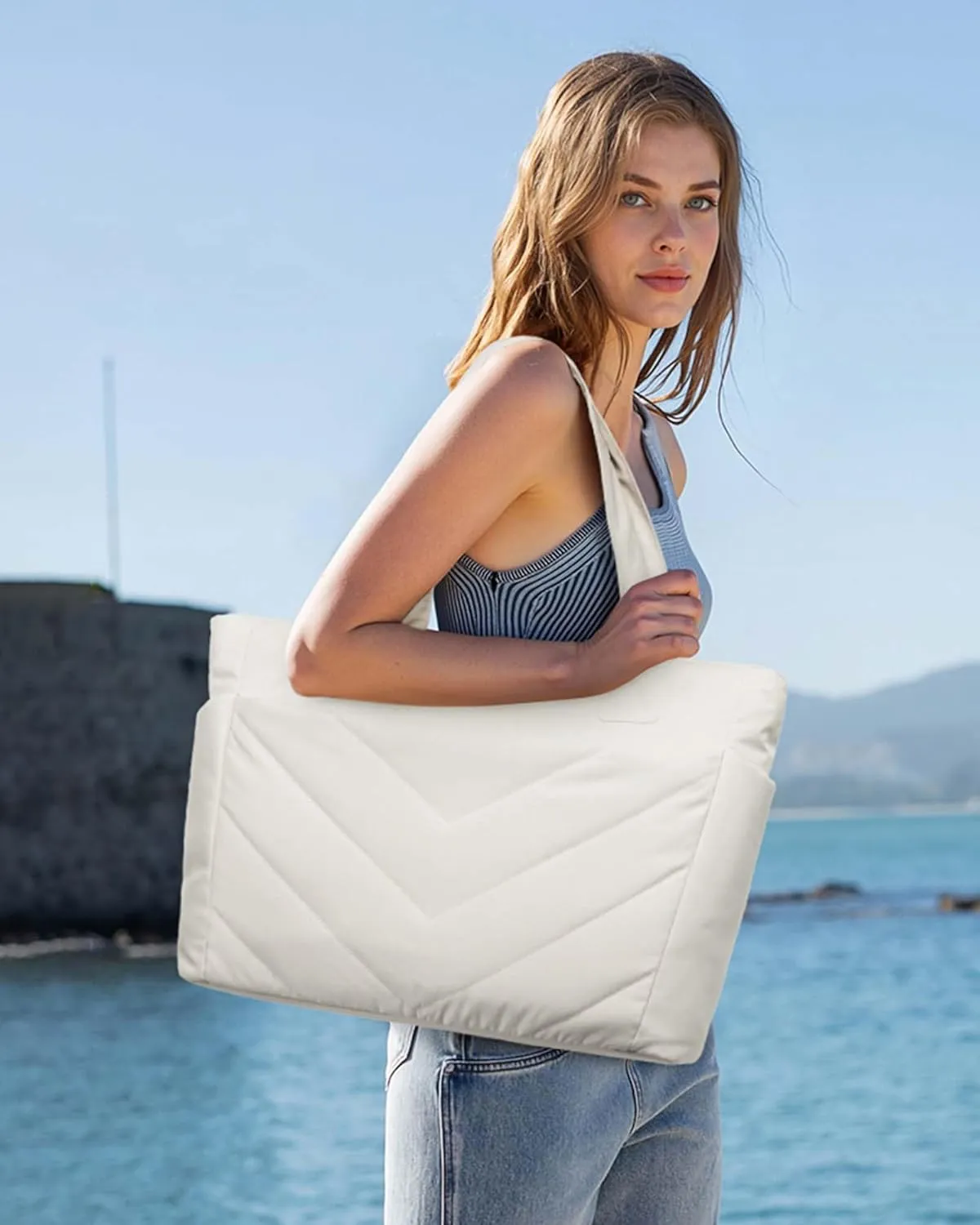 LOVEVOOK Tote Travel Bag for Women, Puffer Work Handbag with Zipper for Teacher Nurse, Quilted Laptop Shoulder Gym Bag Cute