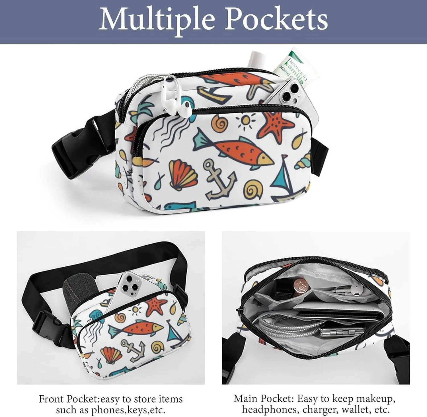 Ocean Animals And Plants Fanny Pack Belt Bag with Adjustable Strap Colorful Waist Packs Small Pouch Crossbody Bags for Hiking Running Cycling Traveling
