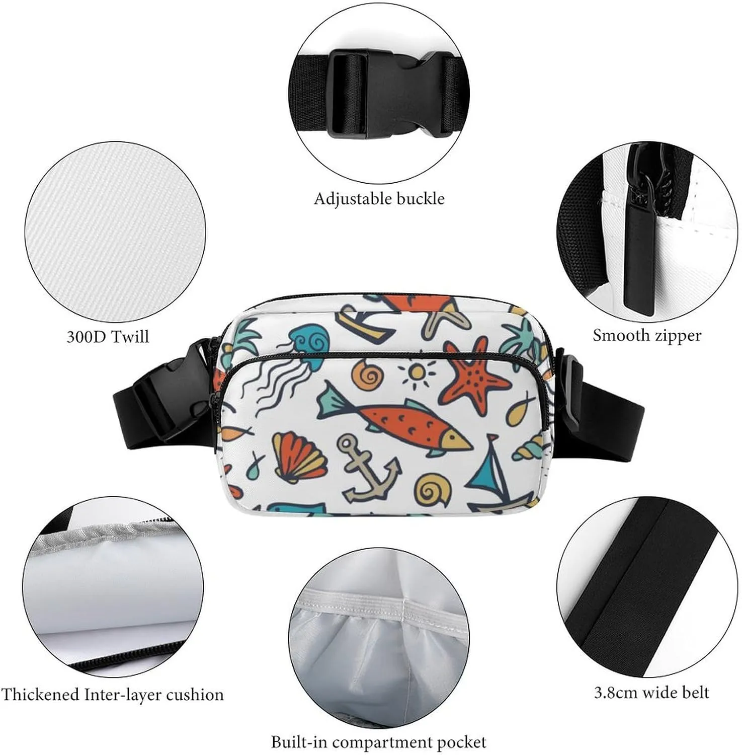 Ocean Animals And Plants Fanny Pack Belt Bag with Adjustable Strap Colorful Waist Packs Small Pouch Crossbody Bags for Hiking Running Cycling Traveling