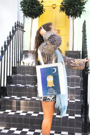 Owl and Crescent Moon Print Tote Bag