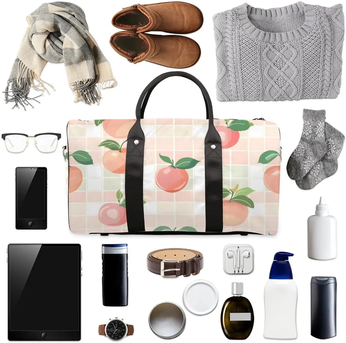 Peaches Plaids Foldable Lightweight Duffle Bag for Travel - Waterproof Carry On Bags for Airplanes, Travel Duffel Bags for Gym, Weekend