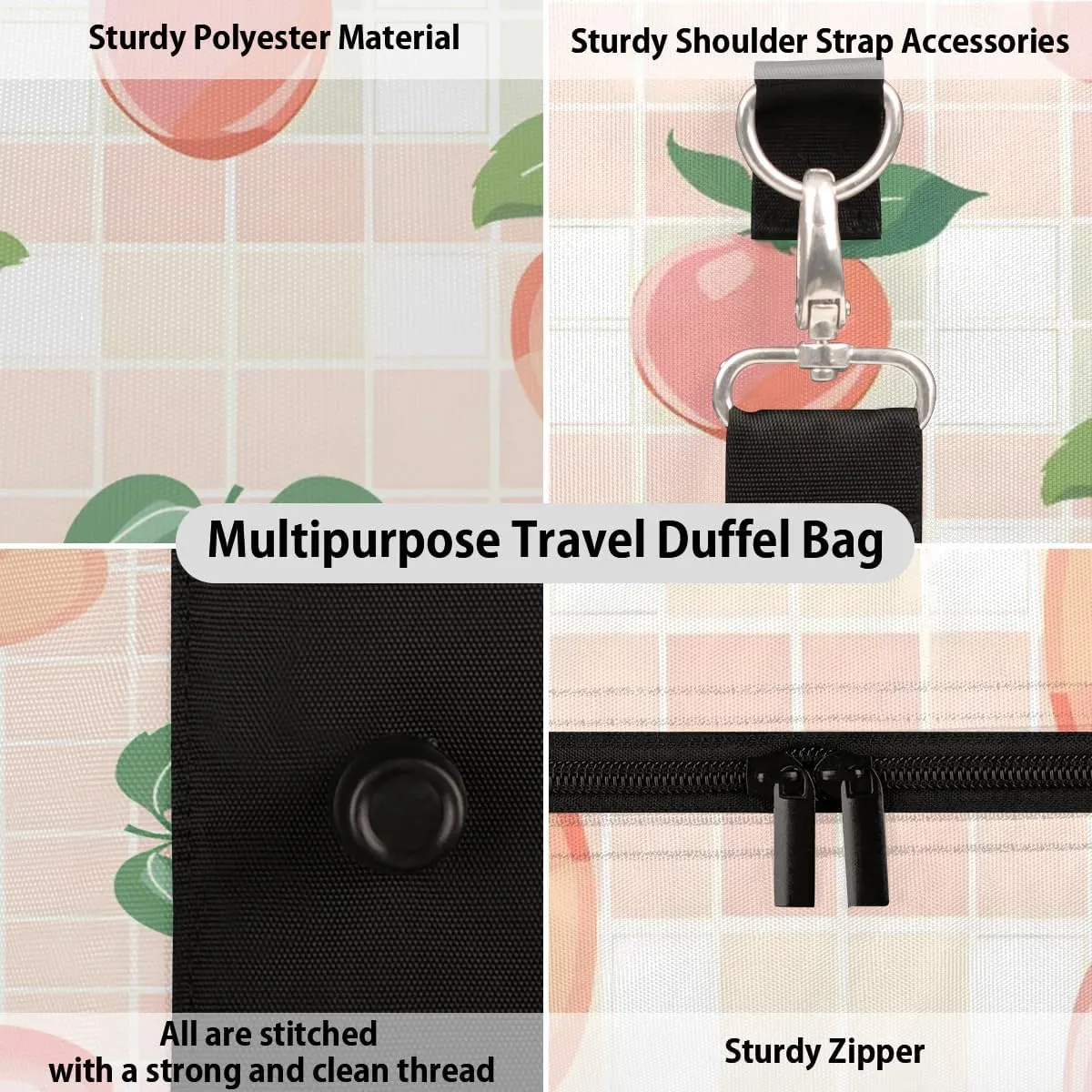 Peaches Plaids Foldable Lightweight Duffle Bag for Travel - Waterproof Carry On Bags for Airplanes, Travel Duffel Bags for Gym, Weekend