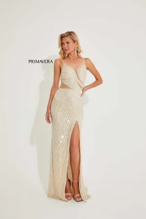 Primavera Couture 4296 Long Sequined Evening Gown Sweetheart Neckline Cutout Sides High Slit