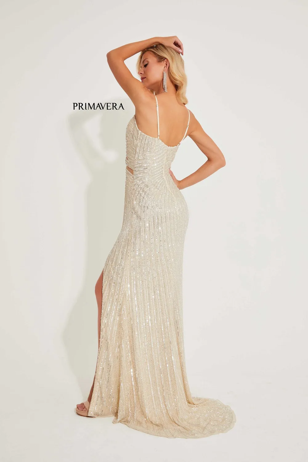 Primavera Couture 4296 Long Sequined Evening Gown Sweetheart Neckline Cutout Sides High Slit