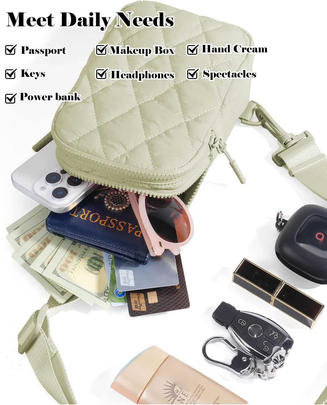 Quilted Puffer Sling Bag for Women Small Backpack Crossbody Chest Bag Fanny Packs Purses for Casual Traveling Hiking
