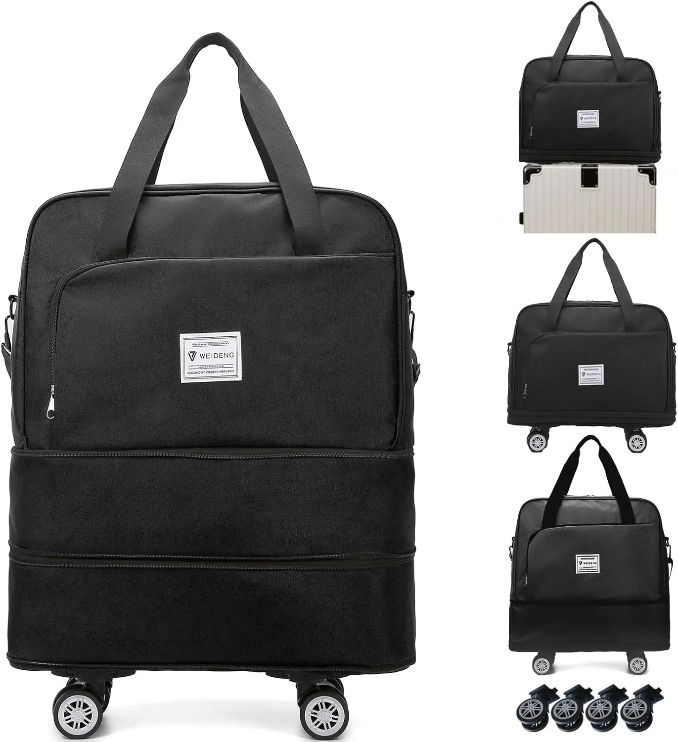 Rolling Duffle Bag with Wheels Foldie Travel Bag Expandable Foldable Rolling Tote Bags Overnight with Detachable Wheels Carry On Luggage for Men Women Black