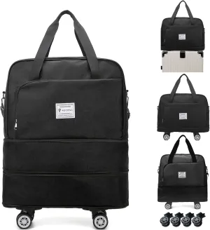Rolling Duffle Bag with Wheels Foldie Travel Bag Expandable Foldable Rolling Tote Bags Overnight with Detachable Wheels Carry On Luggage for Men Women Black