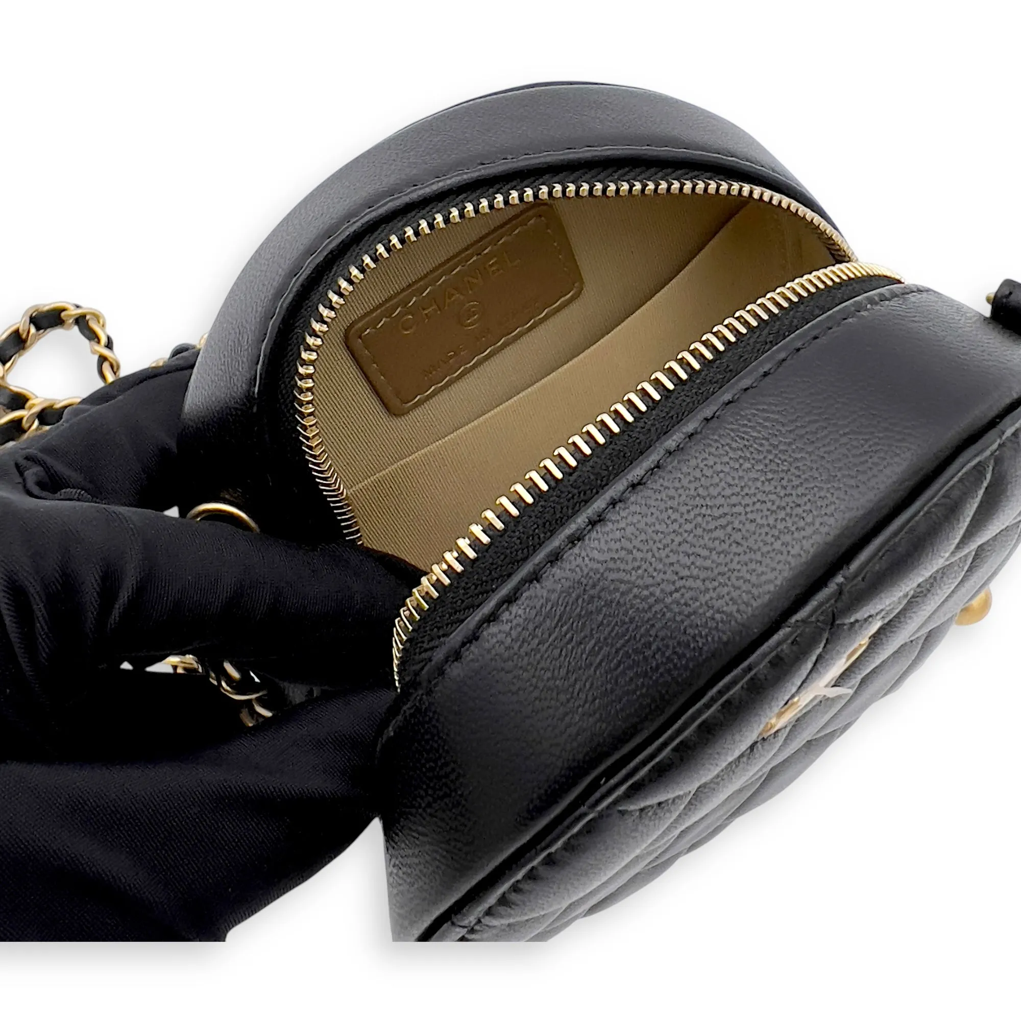 Round CC Crossbody Bag Black in Lambskin, Brushed Gold hardware
