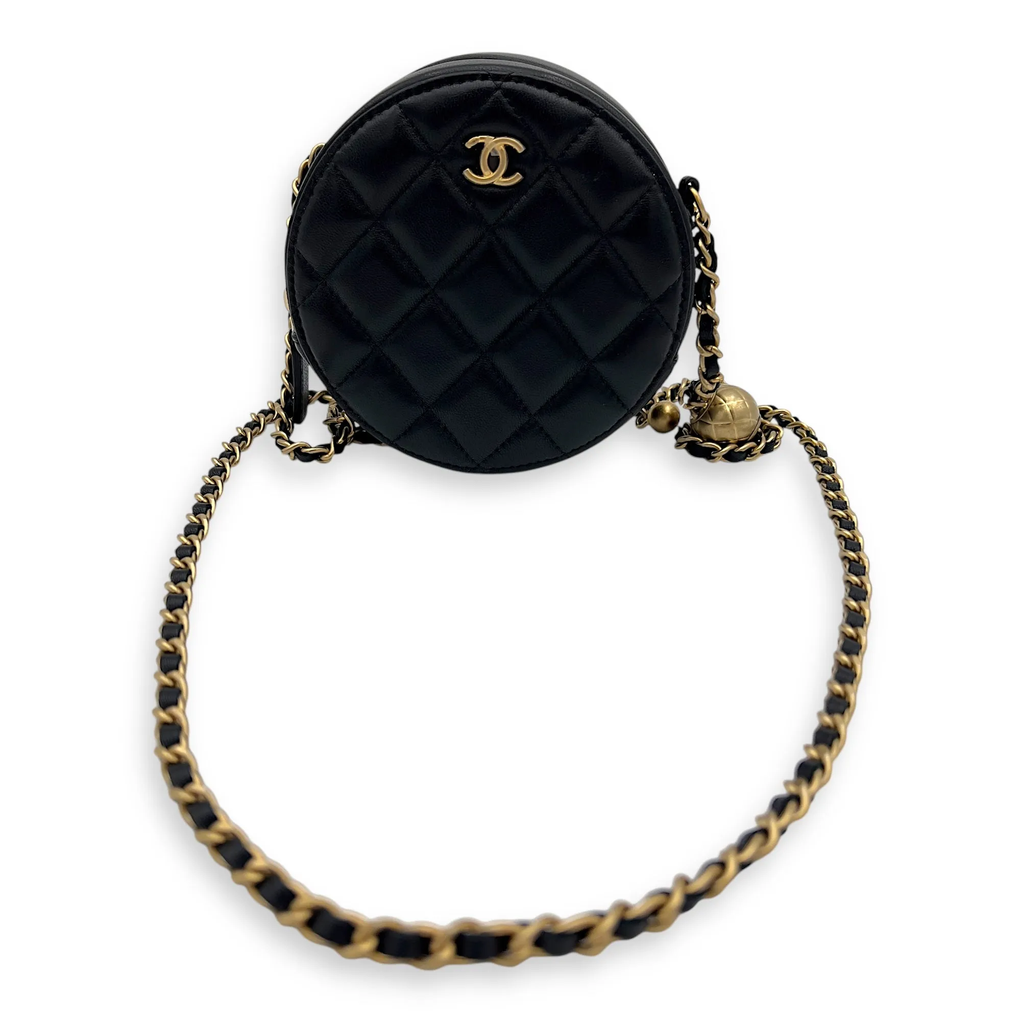 Round CC Crossbody Bag Black in Lambskin, Brushed Gold hardware