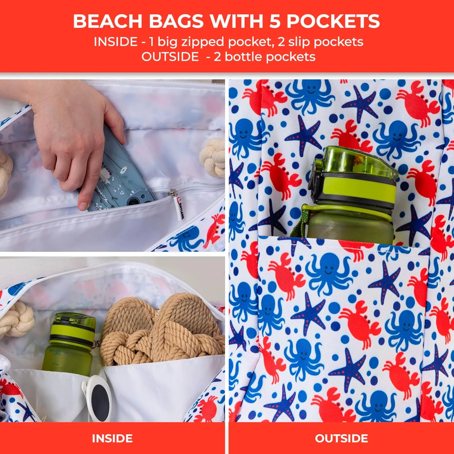 SHYLERO Beach Bag and Pool Bag. Has Airtight Pouch, Ton of Pockets. Beach Tote is Zippered, Water Resistant. Family Size