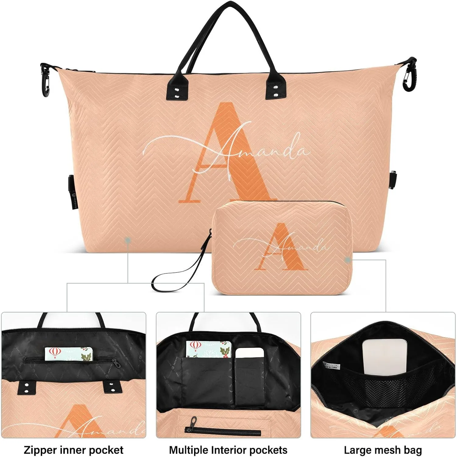 Sinestour Peach Fuzz Custom Travel Duffel Bag for Men Women with Makeup Bag Personalized Weekend Overnight Carry On Bags for Airline Under Seat Travel