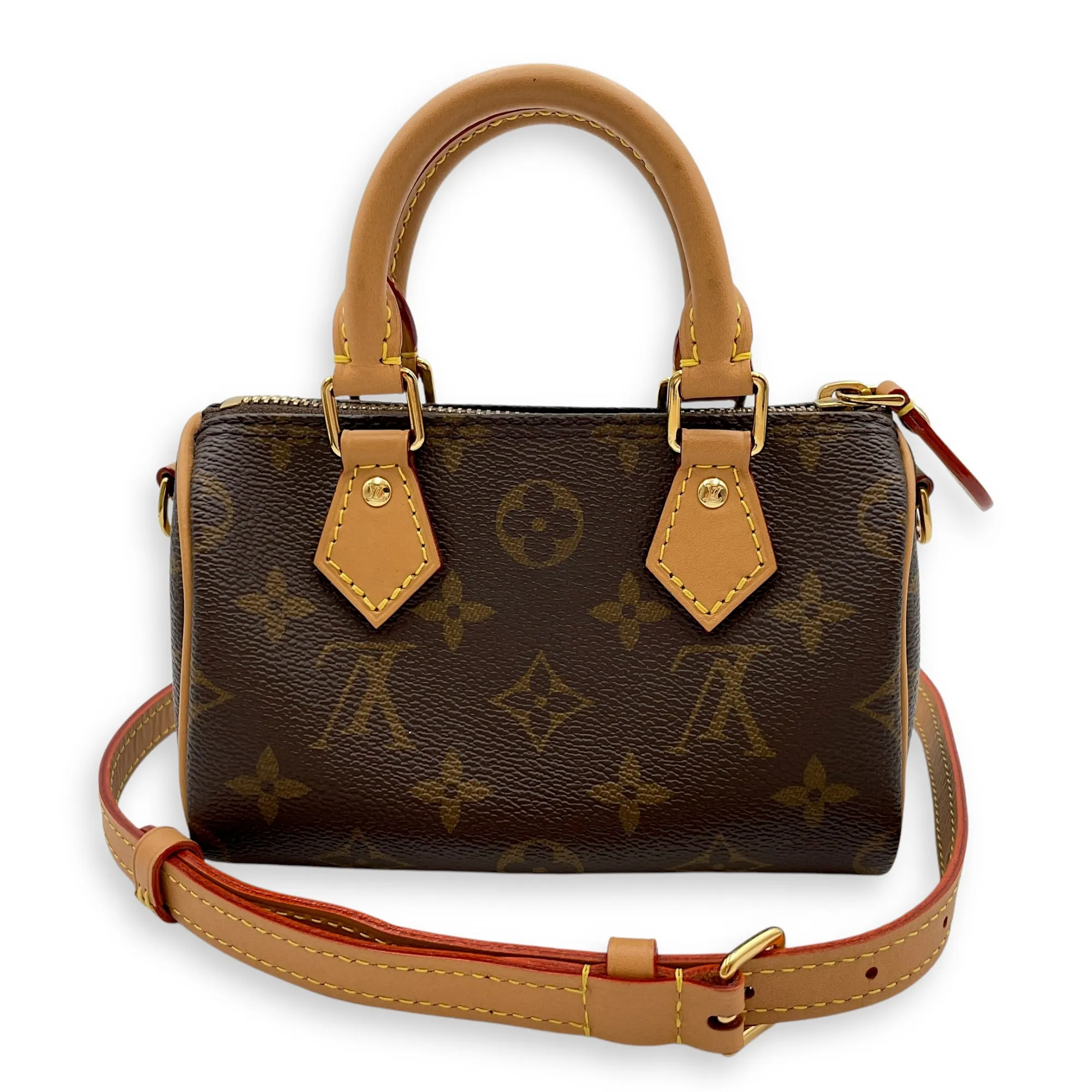 Speedy Nano Brown Crossbody Bag in Coated Canvas, Gold hardware