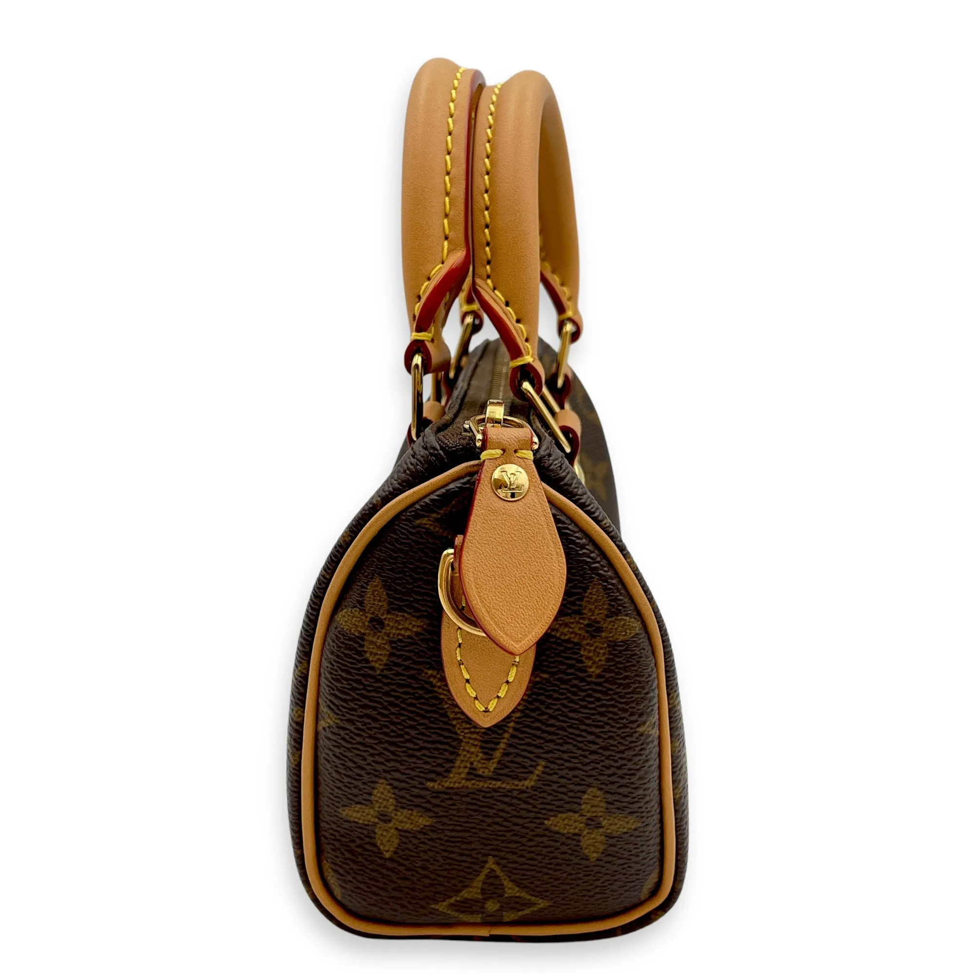 Speedy Nano Brown Crossbody Bag in Coated Canvas, Gold hardware