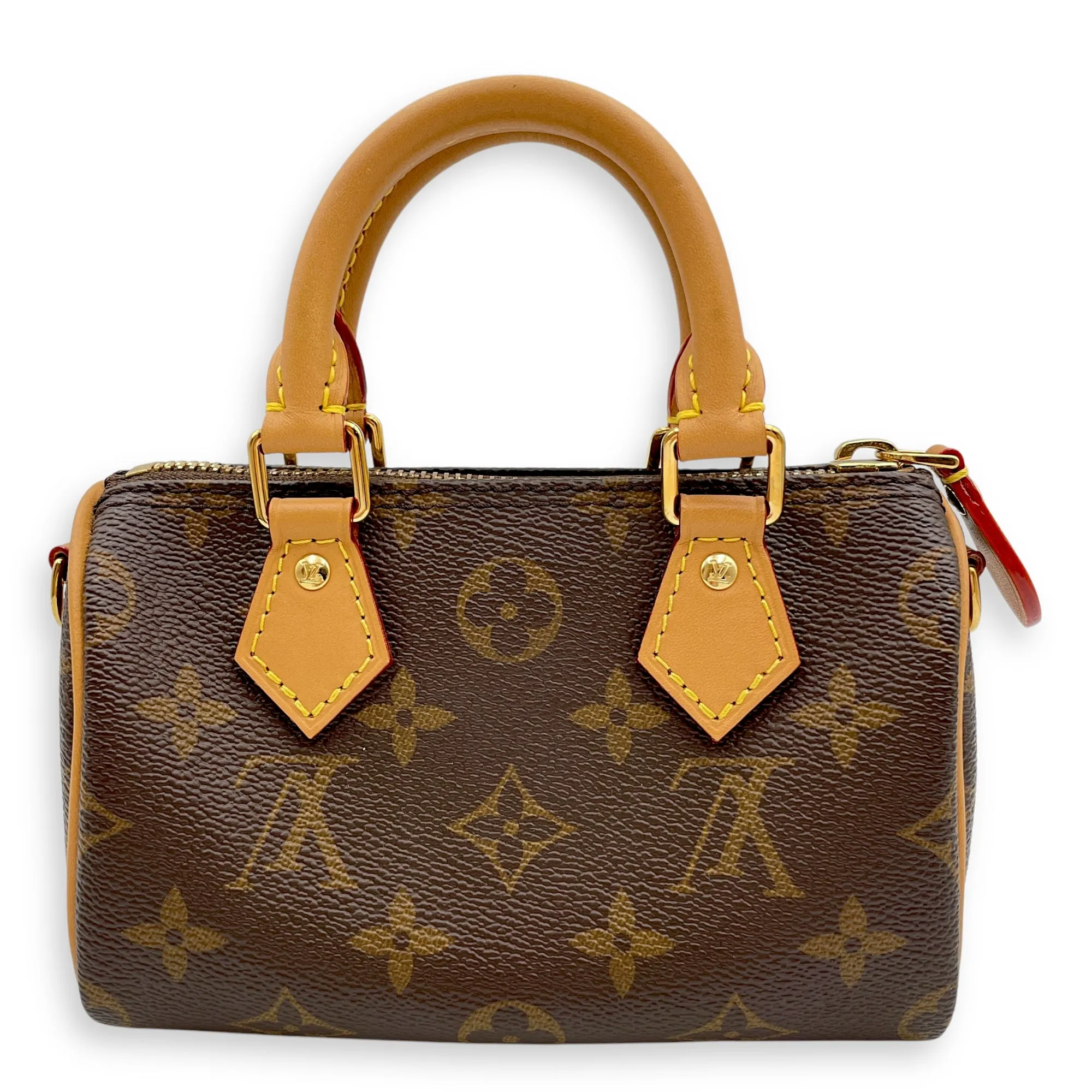Speedy Nano Brown Crossbody Bag in Coated Canvas, Gold hardware