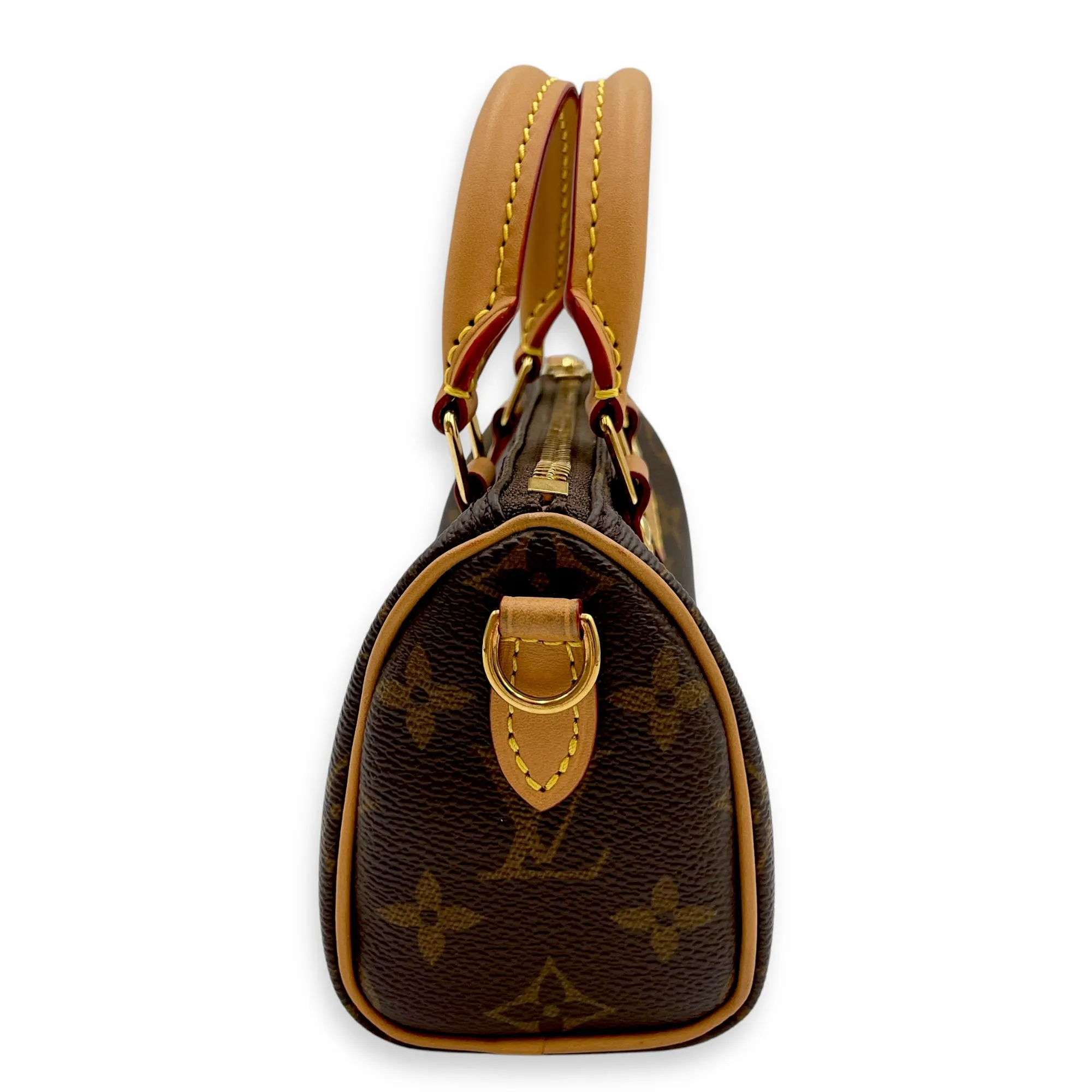Speedy Nano Brown Crossbody Bag in Coated Canvas, Gold hardware