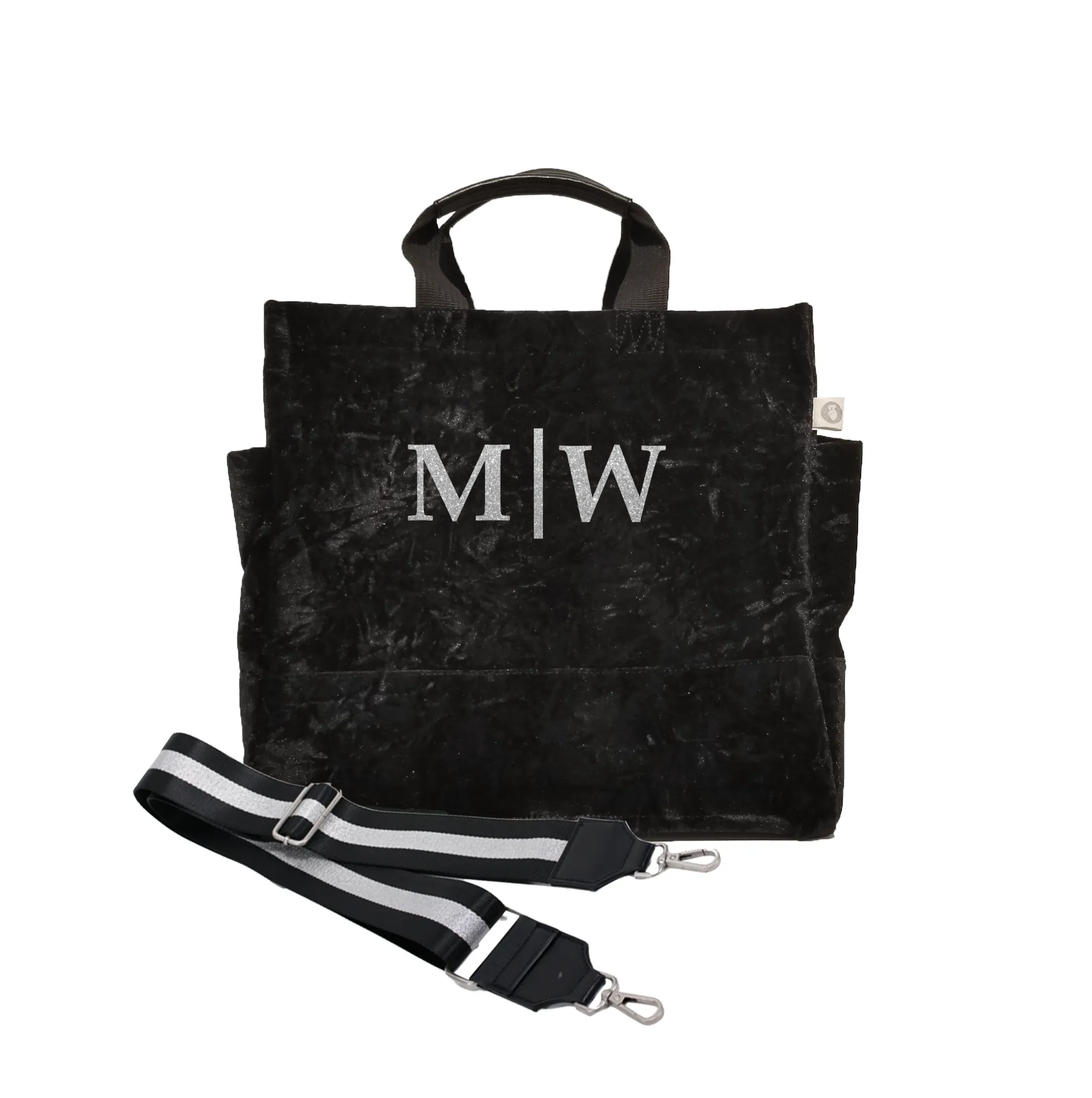 Split Letter Monogram Black Crushed Velvet North South Bag With Stripe Strap