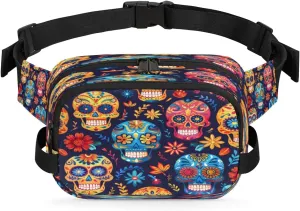 Sugar Skeleton Skull Fanny Packs Belt Bag Flower Waist Pack Crossbody Bag for Women Man Hip Bum Bags with Adjustable Strap for Outdoors Workout Casual Traveling Running Hiking Cycling