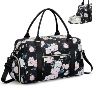 Travel Duffle Bag for Women Large Weekender Overnight Bags Gym Bag with Shoe Compartment Waterproof Hospital Bag Carry On Tote Bag for Airplanes,Black Flower
