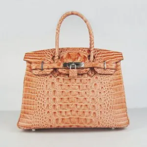 Trendy Inspired Hermes Birkin 30cm Crocodile Head Vein Handbags Orange Silver
