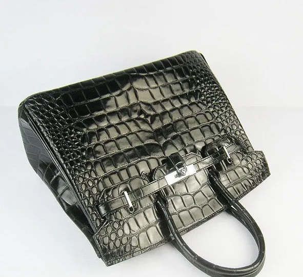 Trendy Inspired Hermes Birkin 35cm Crocodile Big Veins Handbags Black Silver