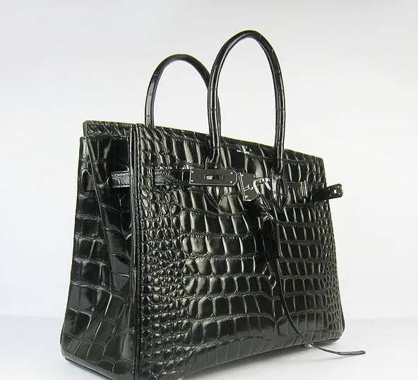 Trendy Inspired Hermes Birkin 35cm Crocodile Big Veins Handbags Black Silver