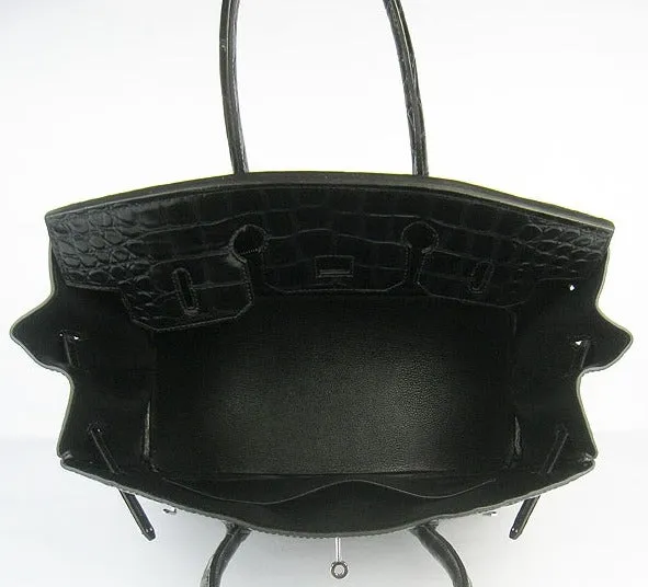 Trendy Inspired Hermes Birkin 35cm Crocodile Big Veins Handbags Black Silver