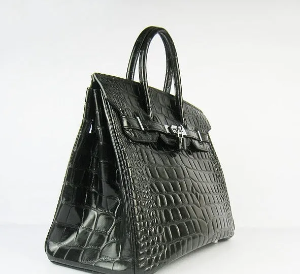 Trendy Inspired Hermes Birkin 35cm Crocodile Big Veins Handbags Black Silver