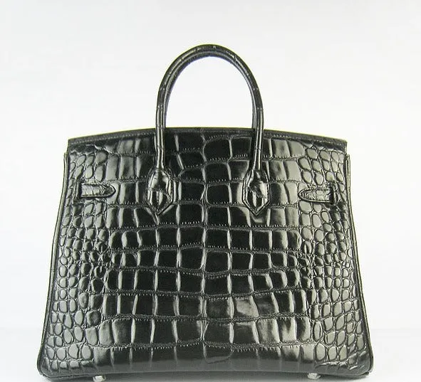Trendy Inspired Hermes Birkin 35cm Crocodile Big Veins Handbags Black Silver