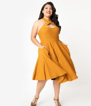 Unique Vintage Plus Size 1950s Mustard Halter Rita Flare Dress