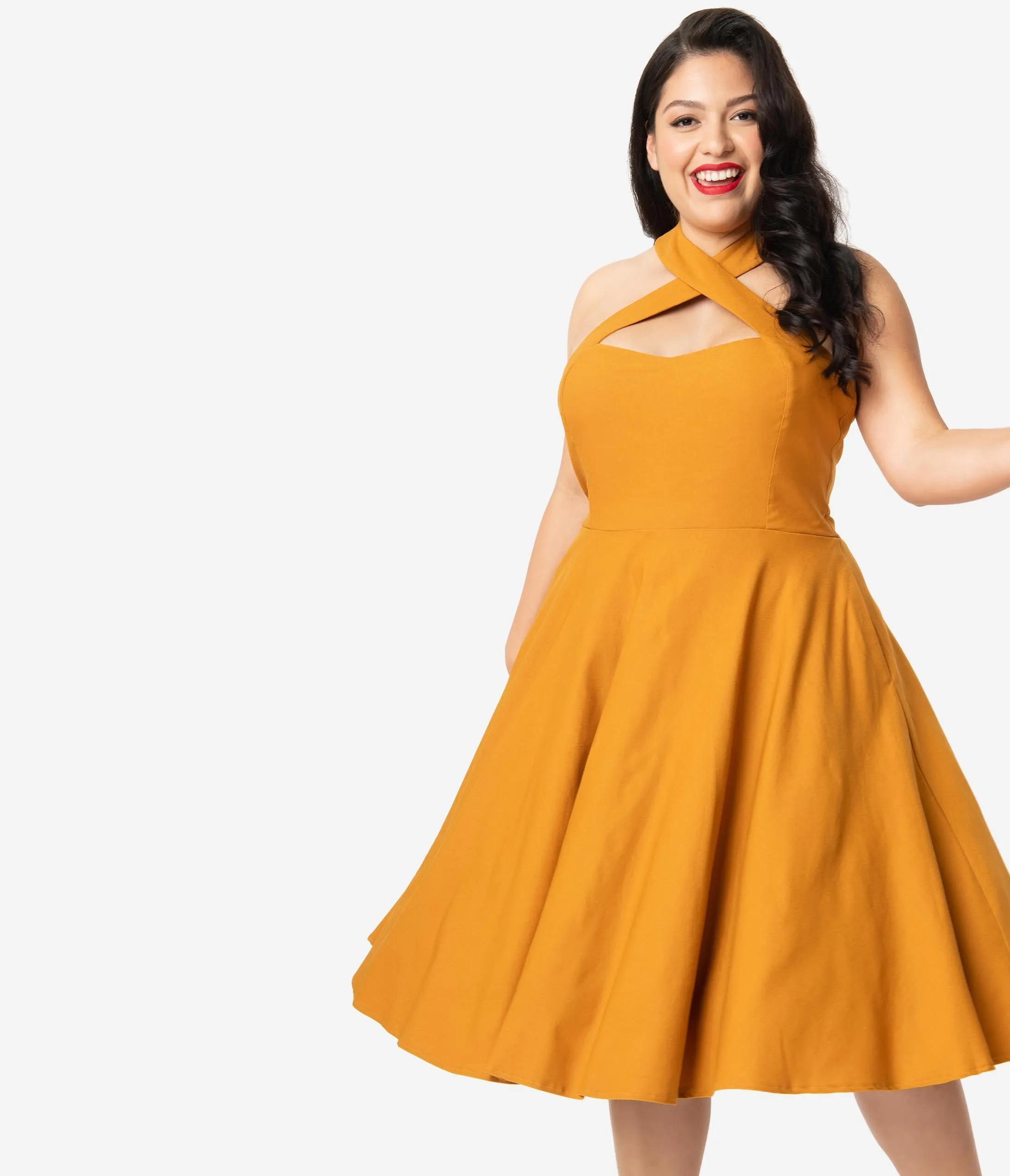 Unique Vintage Plus Size 1950s Mustard Halter Rita Flare Dress