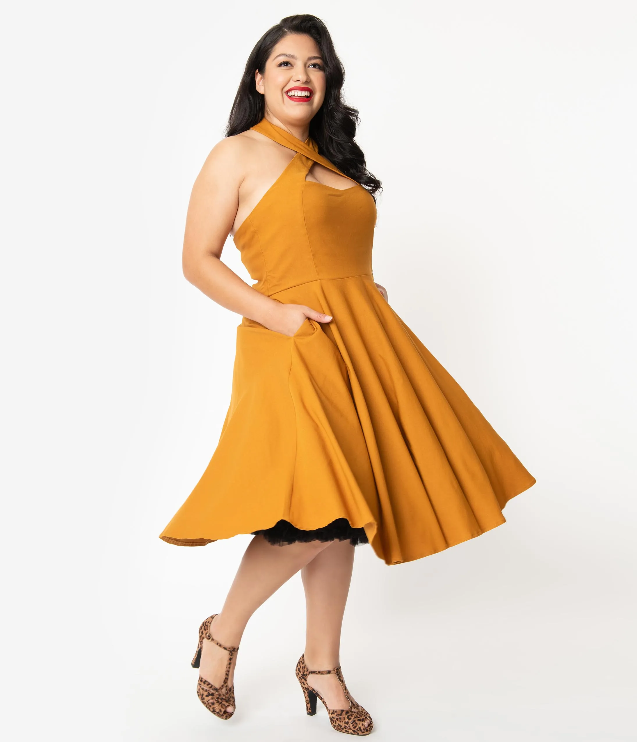 Unique Vintage Plus Size 1950s Mustard Halter Rita Flare Dress