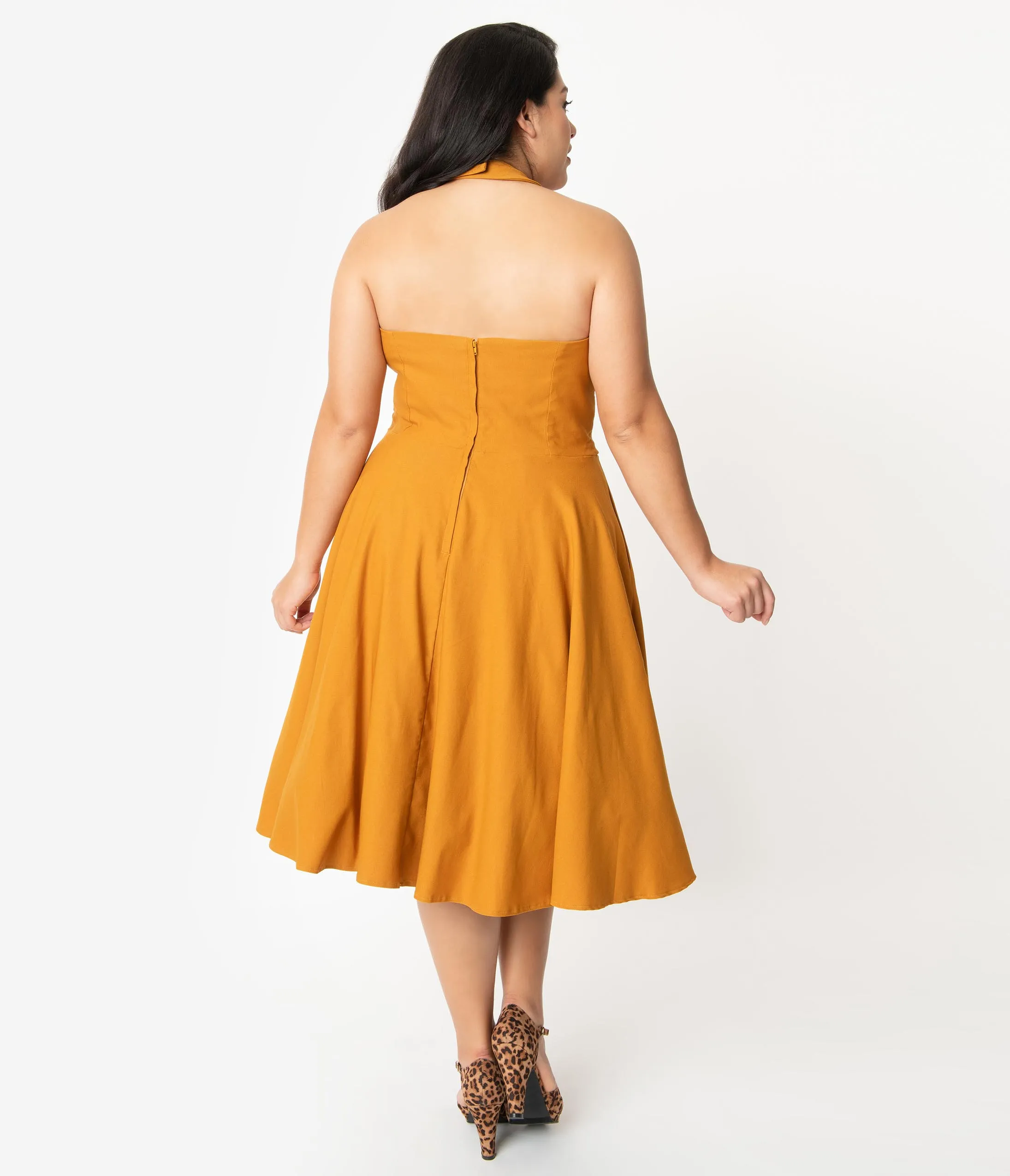Unique Vintage Plus Size 1950s Mustard Halter Rita Flare Dress