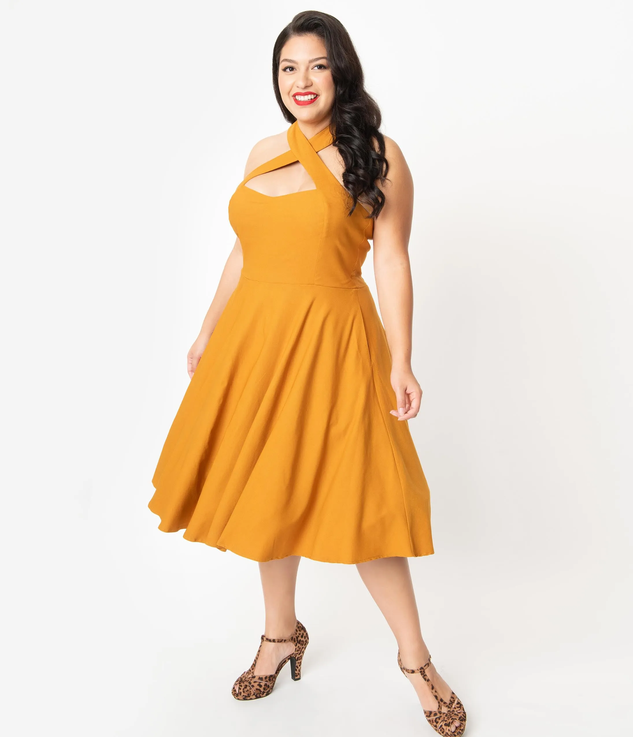 Unique Vintage Plus Size 1950s Mustard Halter Rita Flare Dress