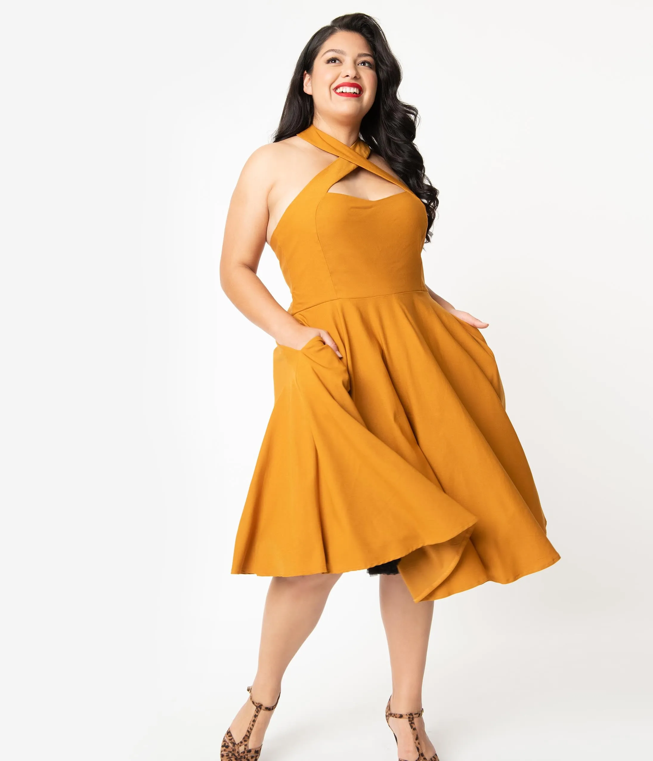 Unique Vintage Plus Size 1950s Mustard Halter Rita Flare Dress