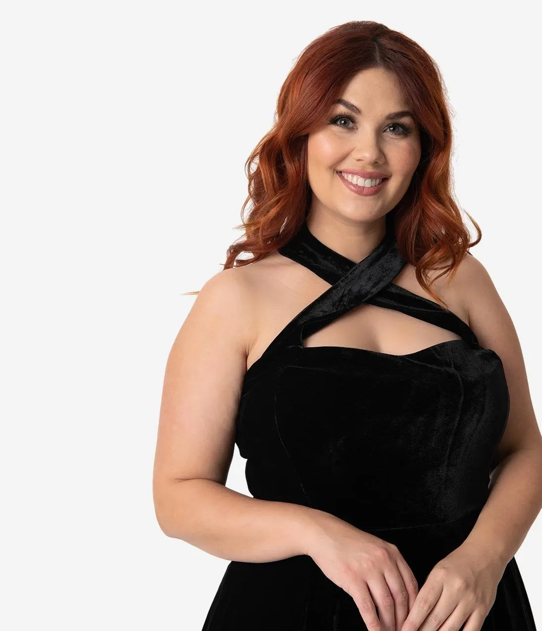 Unique Vintage Plus Size 1950s Style Black Velvet Rita Halter Flare Dress