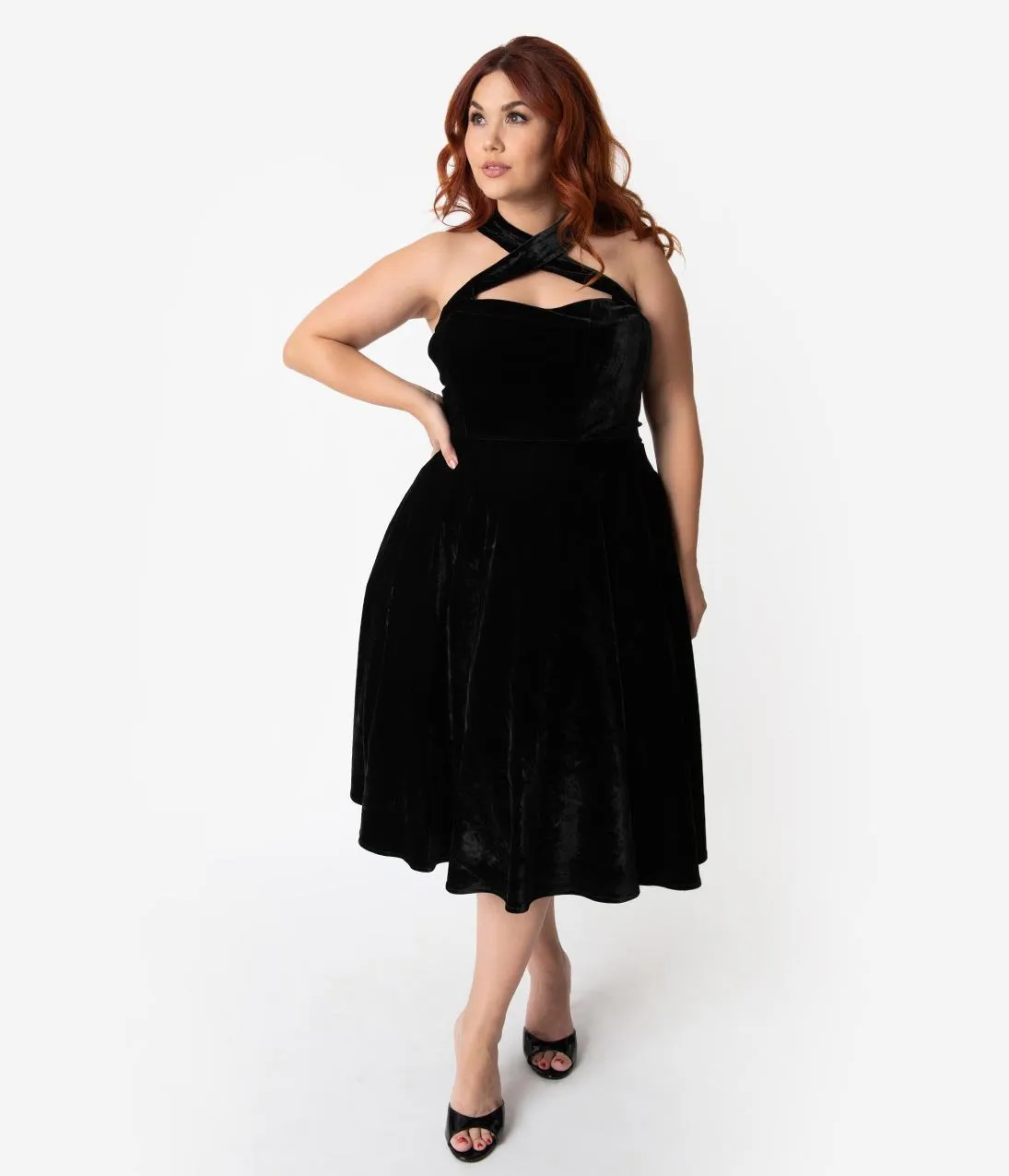 Unique Vintage Plus Size 1950s Style Black Velvet Rita Halter Flare Dress